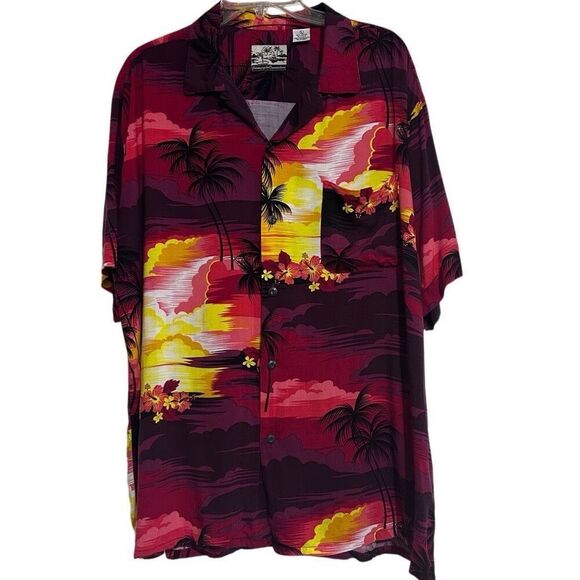 Vintage 90s Pineapple Connection Hawaiian Shirt Men's Large Red Yellow Button-up - Picture 1 of 14